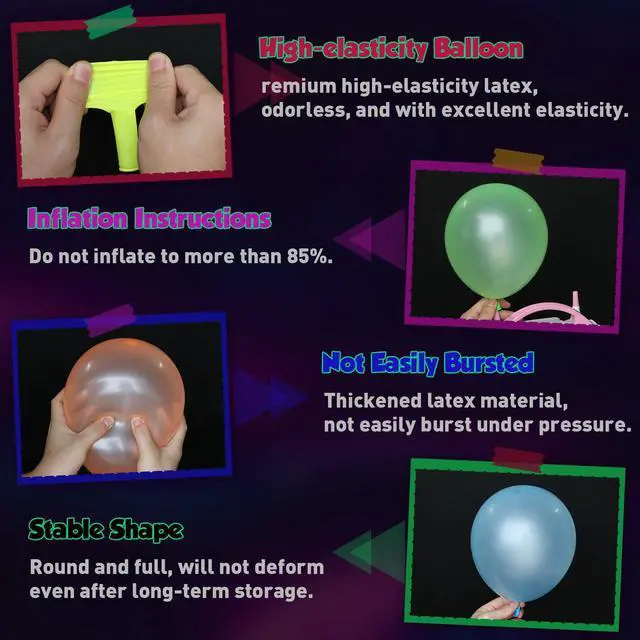 Alt view image 3 of 7 - UV Neon Balloons 100 Pcs 12 Inch Glow in the Dark Party Supplies | 7 Multicolor Latex Neon Balloons, Inflatable Air/Helium, Ideal for Birthday, Wedding, Graduation Glow Rave Party Decorations