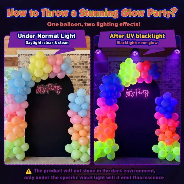 Alt view image 4 of 7 - UV Neon Balloons 100 Pcs 12 Inch Glow in the Dark Party Supplies | 7 Multicolor Latex Neon Balloons, Inflatable Air/Helium, Ideal for Birthday, Wedding, Graduation Glow Rave Party Decorations