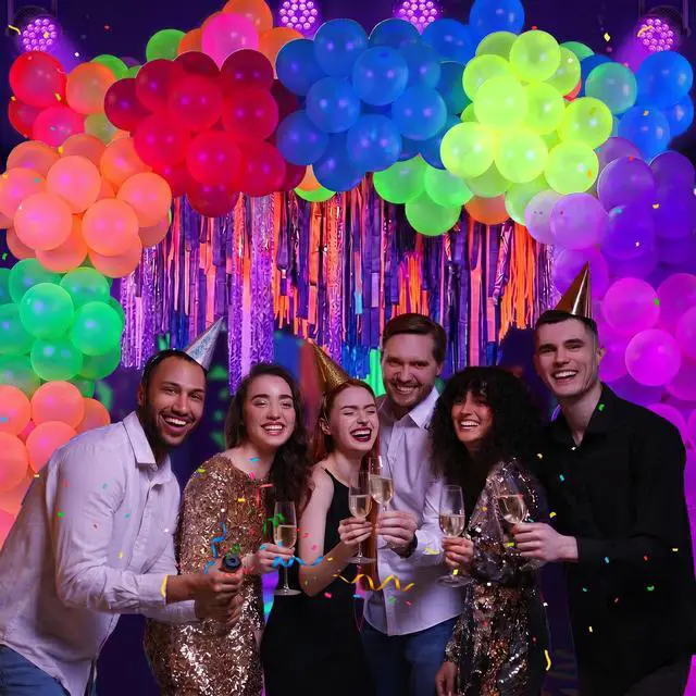 Alt view image 5 of 7 - UV Neon Balloons 100 Pcs 12 Inch Glow in the Dark Party Supplies | 7 Multicolor Latex Neon Balloons, Inflatable Air/Helium, Ideal for Birthday, Wedding, Graduation Glow Rave Party Decorations