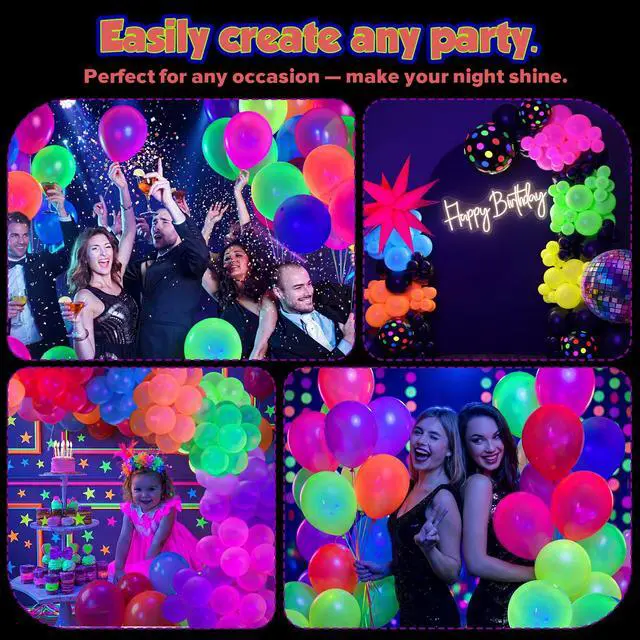 Alt view image 6 of 7 - UV Neon Balloons 100 Pcs 12 Inch Glow in the Dark Party Supplies | 7 Multicolor Latex Neon Balloons, Inflatable Air/Helium, Ideal for Birthday, Wedding, Graduation Glow Rave Party Decorations