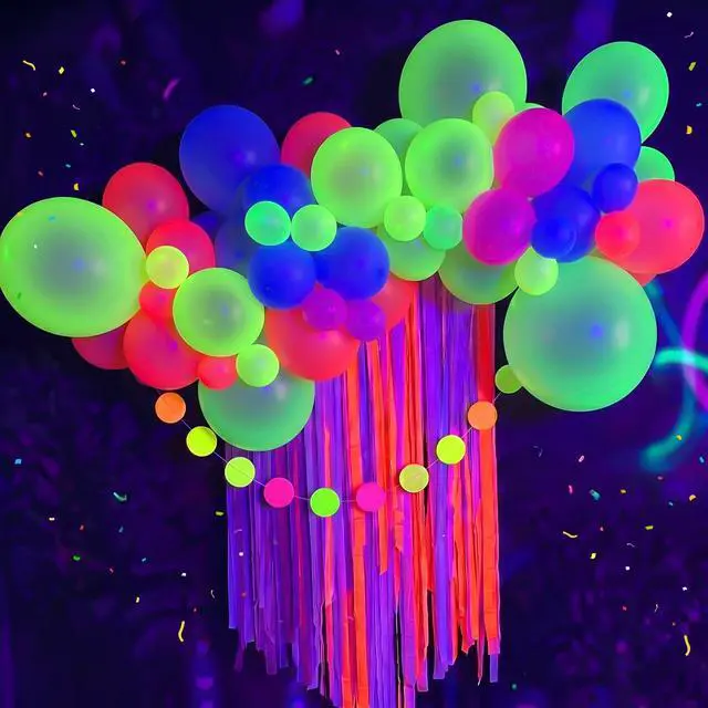 Alt view image 7 of 7 - UV Neon Balloons 100 Pcs 12 Inch Glow in the Dark Party Supplies | 7 Multicolor Latex Neon Balloons, Inflatable Air/Helium, Ideal for Birthday, Wedding, Graduation Glow Rave Party Decorations