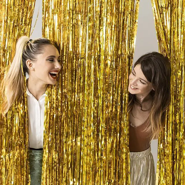 Alt view image 6 of 7 - 2 Pack Gold Backdrop Birthday Decorations Foil Curtain Backdrop Gold Streamers Dance Party Decorations Photo Booth Props for Bachelorette Decorations Christmas Halloween New Years Eve Party Supplies