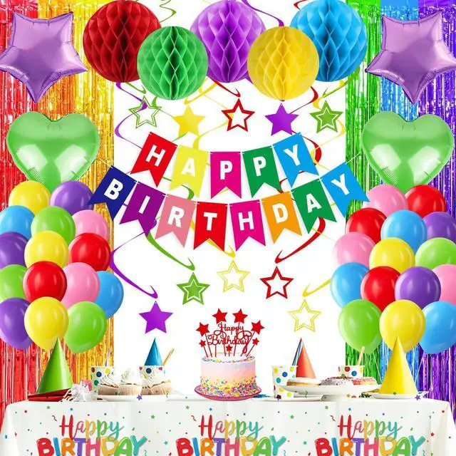 Main image of Colorful Birthday Party Decorations Rainbow Happy Birthday Banner Honeycomb Balls Fringe Curtain Foil Balloons Hanging Swirls Cake Topper Tablecloth Party Supplies for Girls Boys Kids Women Men
