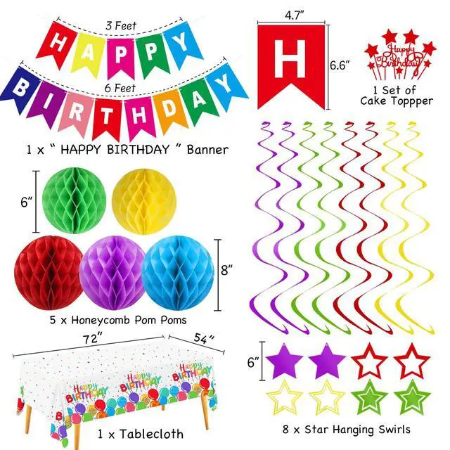Alt view image 2 of 7 - Colorful Birthday Party Decorations Rainbow Happy Birthday Banner Honeycomb Balls Fringe Curtain Foil Balloons Hanging Swirls Cake Topper Tablecloth Party Supplies for Girls Boys Kids Women Men