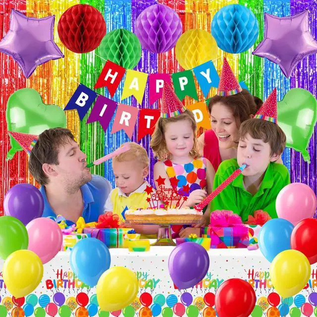 Alt view image 5 of 7 - Colorful Birthday Party Decorations Rainbow Happy Birthday Banner Honeycomb Balls Fringe Curtain Foil Balloons Hanging Swirls Cake Topper Tablecloth Party Supplies for Girls Boys Kids Women Men