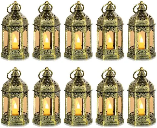 Main image of 10PCS Gold Mini Lanterns for Party Decoration, Flickering LED Candle | Hanging Diwali Lanterns for Centerpieces, Ramadan,Christmas, Halloween, Eid, Table Decor for Shrek, Fairy, Harry Potter Party