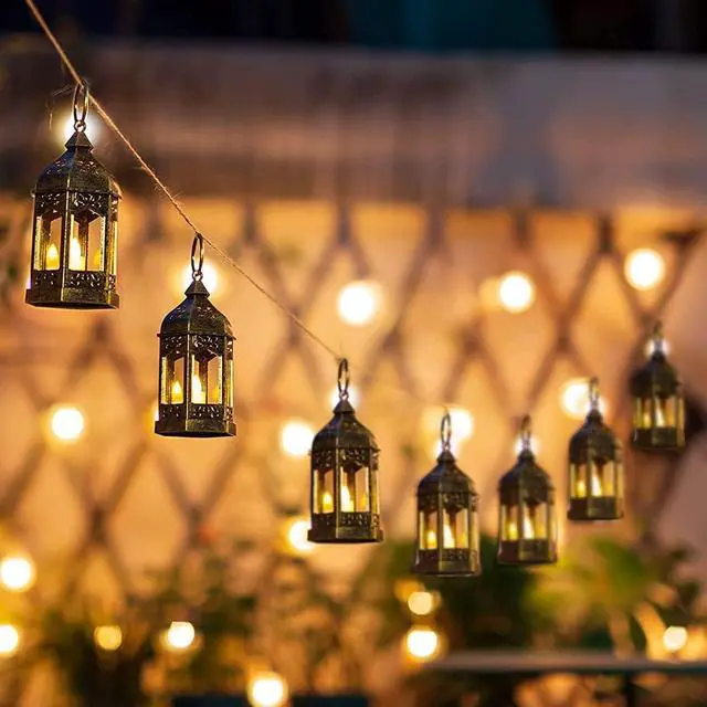 Alt view image 4 of 7 - 10PCS Gold Mini Lanterns for Party Decoration, Flickering LED Candle | Hanging Diwali Lanterns for Centerpieces, Ramadan,Christmas, Halloween, Eid, Table Decor for Shrek, Fairy, Harry Potter Party