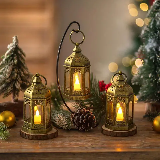 Alt view image 5 of 7 - 10PCS Gold Mini Lanterns for Party Decoration, Flickering LED Candle | Hanging Diwali Lanterns for Centerpieces, Ramadan,Christmas, Halloween, Eid, Table Decor for Shrek, Fairy, Harry Potter Party