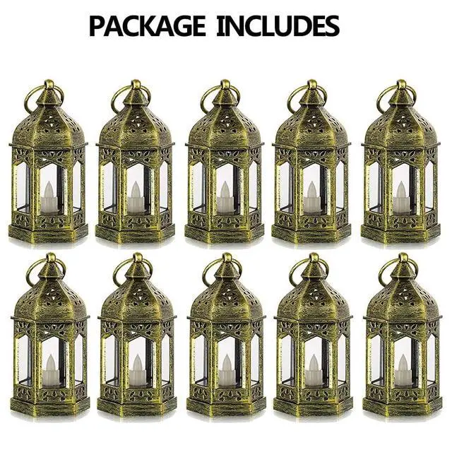 Alt view image 7 of 7 - 10PCS Gold Mini Lanterns for Party Decoration, Flickering LED Candle | Hanging Diwali Lanterns for Centerpieces, Ramadan,Christmas, Halloween, Eid, Table Decor for Shrek, Fairy, Harry Potter Party