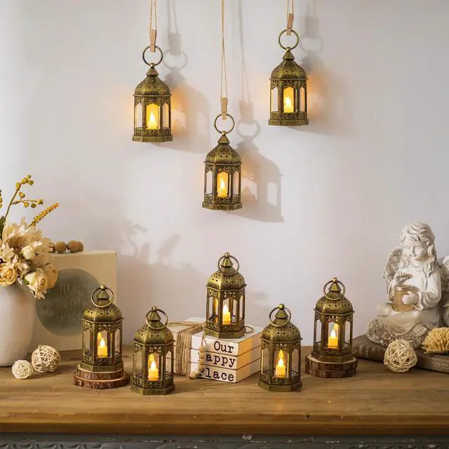 Alt view image 6 of 7 - 10PCS Gold Mini Lanterns for Party Decoration, Flickering LED Candle | Hanging Diwali Lanterns for Centerpieces, Ramadan,Christmas, Halloween, Eid, Table Decor for Shrek, Fairy, Harry Potter Party