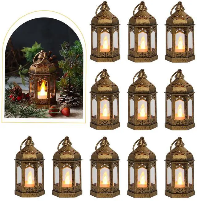 Main image of 8Pcs Mini Lantern with LED Tealight, Vintage Brown Lanterns Decorative, Hanging Candle Lanterns for Halloween Christmas Wedding Table Centerpiece Indian Decor, Garden Fairy Party Decorations