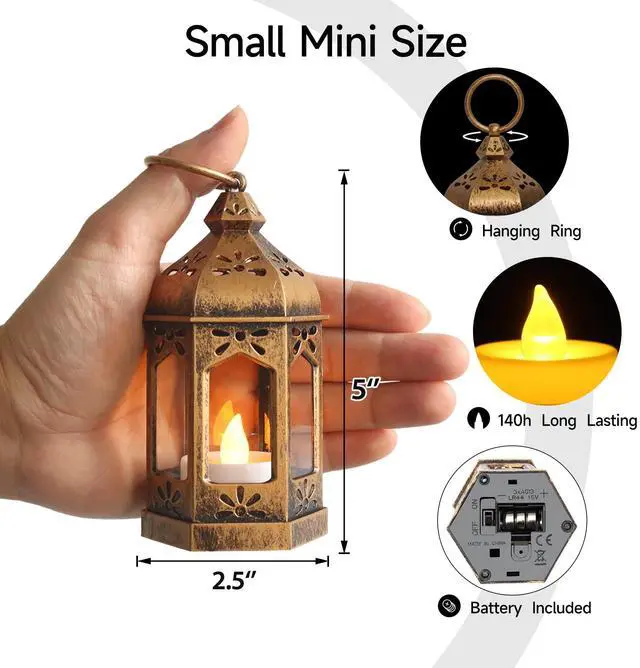 Alt view image 2 of 7 - 8Pcs Mini Lantern with LED Tealight, Vintage Brown Lanterns Decorative, Hanging Candle Lanterns for Halloween Christmas Wedding Table Centerpiece Indian Decor, Garden Fairy Party Decorations