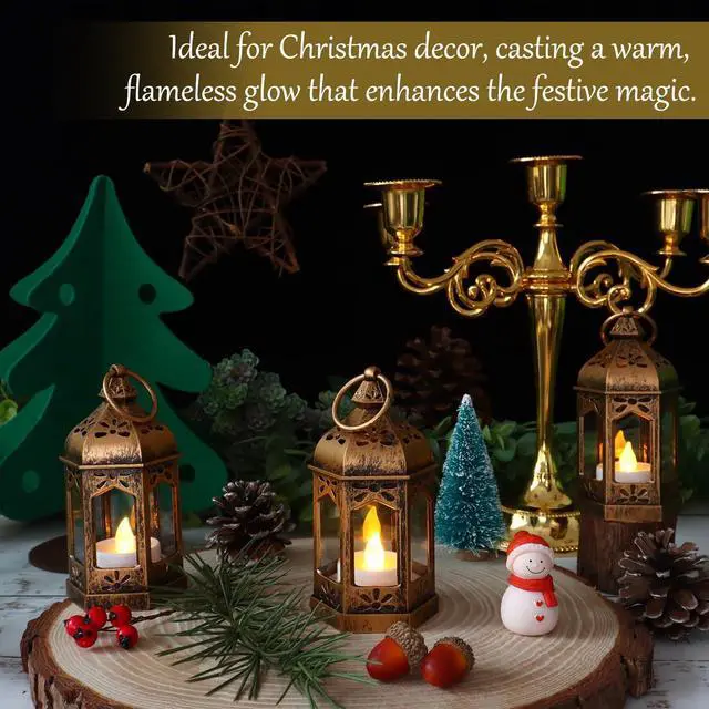 Alt view image 4 of 7 - 8Pcs Mini Lantern with LED Tealight, Vintage Brown Lanterns Decorative, Hanging Candle Lanterns for Halloween Christmas Wedding Table Centerpiece Indian Decor, Garden Fairy Party Decorations