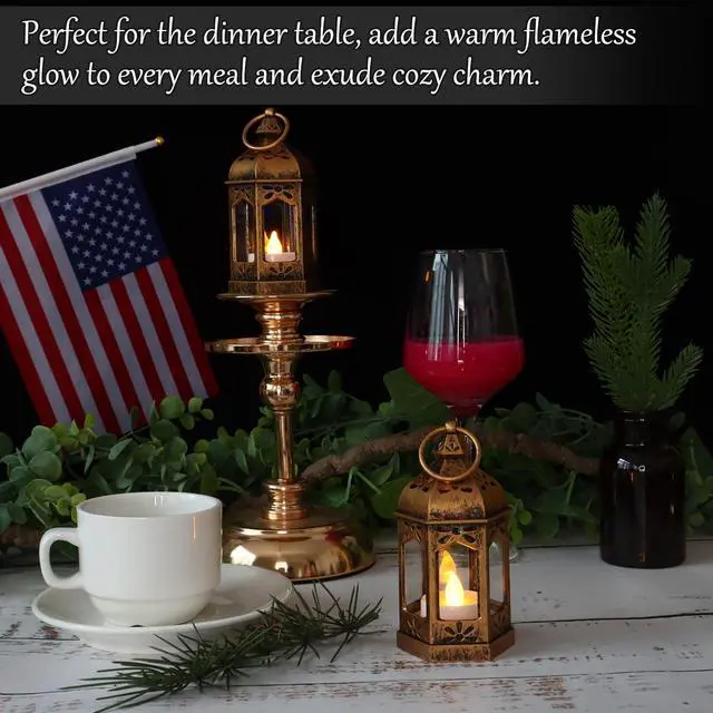 Alt view image 5 of 7 - 8Pcs Mini Lantern with LED Tealight, Vintage Brown Lanterns Decorative, Hanging Candle Lanterns for Halloween Christmas Wedding Table Centerpiece Indian Decor, Garden Fairy Party Decorations