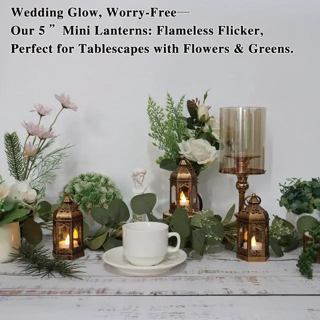 Alt view image 6 of 7 - 8Pcs Mini Lantern with LED Tealight, Vintage Brown Lanterns Decorative, Hanging Candle Lanterns for Halloween Christmas Wedding Table Centerpiece Indian Decor, Garden Fairy Party Decorations
