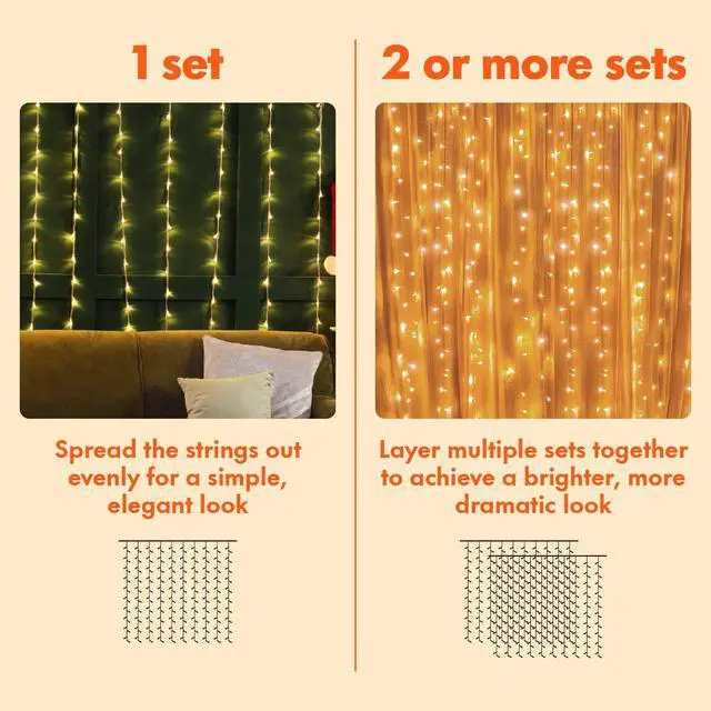 Alt view image 4 of 7 - 300 LED Curtain String Lights, Warm White | 8 Modes, Plug In, For Bedroom Wedding Party Birthday, Indoor Outdoor Wall Window Backdrop