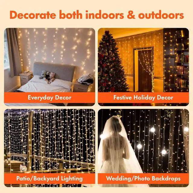 Alt view image 5 of 7 - 300 LED Curtain String Lights, Warm White | 8 Modes, Plug In, For Bedroom Wedding Party Birthday, Indoor Outdoor Wall Window Backdrop