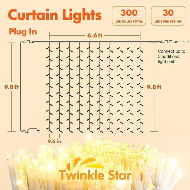 Alt view image 6 of 7 - 300 LED Curtain String Lights, Warm White | 8 Modes, Plug In, For Bedroom Wedding Party Birthday, Indoor Outdoor Wall Window Backdrop