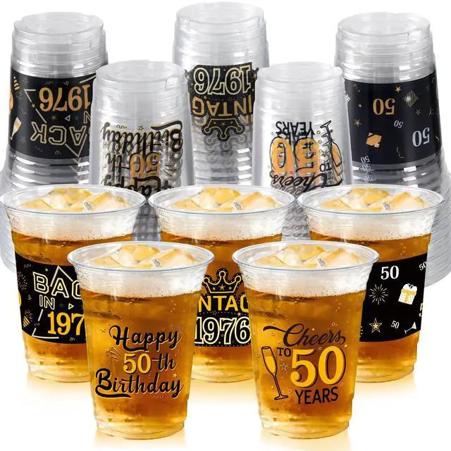 Main image of 50th Birthday Party Decorations Plastic Cups for Men, Women | 50pcs, 16 oz, black gold, clear, in bulk, disposable, drinking cup for celebrating 50 years old happy birthday party supplies