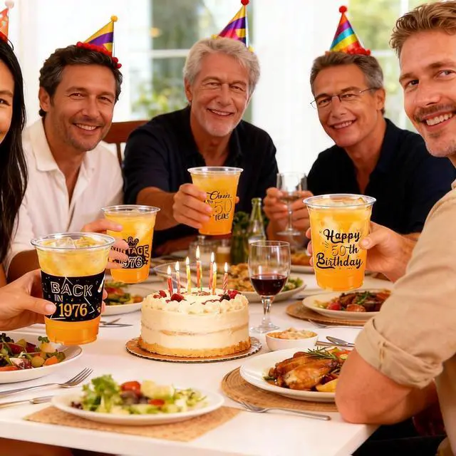 Alt view image 2 of 7 - 50th Birthday Party Decorations Plastic Cups for Men, Women | 50pcs, 16 oz, black gold, clear, in bulk, disposable, drinking cup for celebrating 50 years old happy birthday party supplies