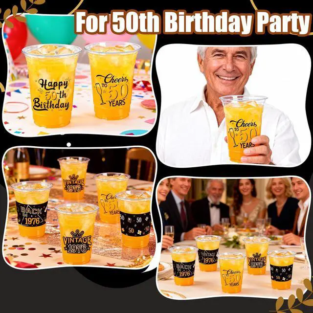 Alt view image 3 of 7 - 50th Birthday Party Decorations Plastic Cups for Men, Women | 50pcs, 16 oz, black gold, clear, in bulk, disposable, drinking cup for celebrating 50 years old happy birthday party supplies