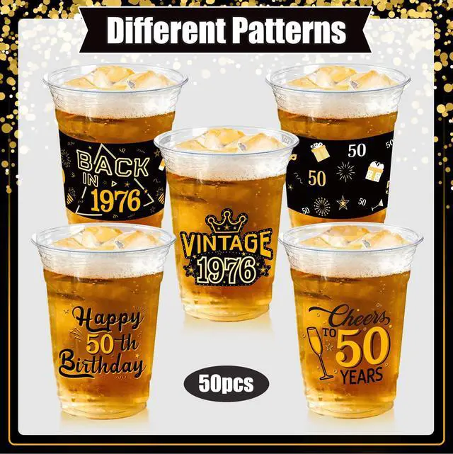 Alt view image 4 of 7 - 50th Birthday Party Decorations Plastic Cups for Men, Women | 50pcs, 16 oz, black gold, clear, in bulk, disposable, drinking cup for celebrating 50 years old happy birthday party supplies