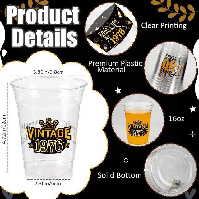 Alt view image 5 of 7 - 50th Birthday Party Decorations Plastic Cups for Men, Women | 50pcs, 16 oz, black gold, clear, in bulk, disposable, drinking cup for celebrating 50 years old happy birthday party supplies