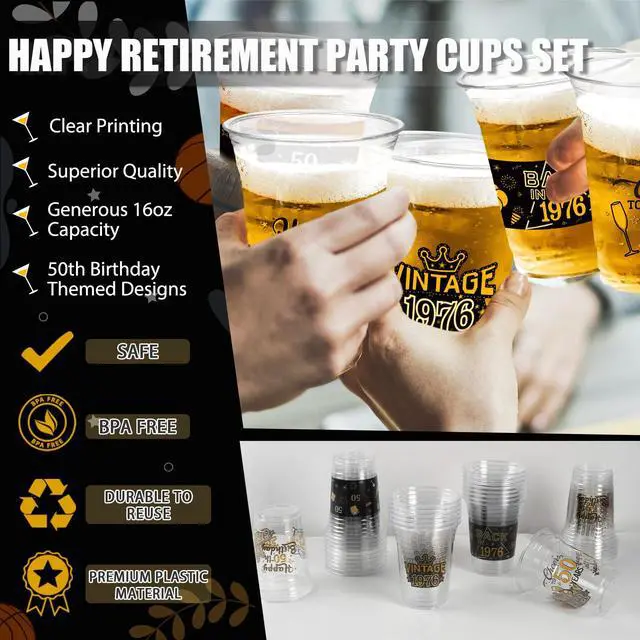 Alt view image 6 of 7 - 50th Birthday Party Decorations Plastic Cups for Men, Women | 50pcs, 16 oz, black gold, clear, in bulk, disposable, drinking cup for celebrating 50 years old happy birthday party supplies