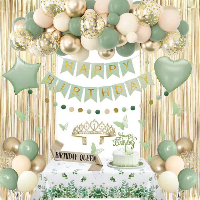 Main image of Sage Green Birthday Decorations for Women | Nude Gold Foil Balloons Table Cloth Sash Crown Fringe Curtain Happy Birthday Banner Butterfly Cake Topper Party Supplies