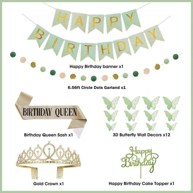 Alt view image 4 of 7 - Sage Green Birthday Decorations for Women | Nude Gold Foil Balloons Table Cloth Sash Crown Fringe Curtain Happy Birthday Banner Butterfly Cake Topper Party Supplies