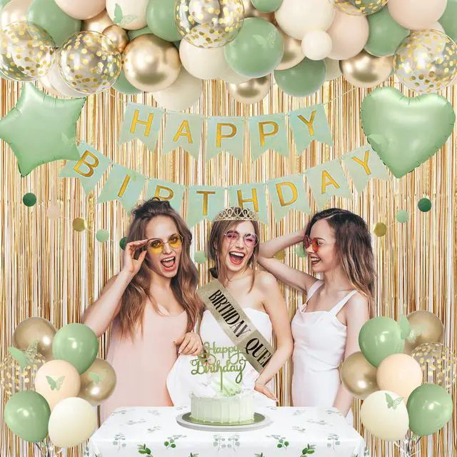 Alt view image 5 of 7 - Sage Green Birthday Decorations for Women | Nude Gold Foil Balloons Table Cloth Sash Crown Fringe Curtain Happy Birthday Banner Butterfly Cake Topper Party Supplies