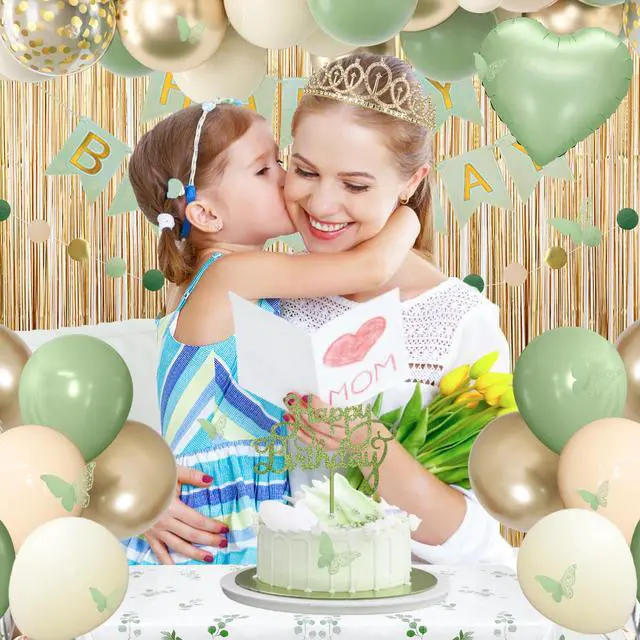 Alt view image 6 of 7 - Sage Green Birthday Decorations for Women | Nude Gold Foil Balloons Table Cloth Sash Crown Fringe Curtain Happy Birthday Banner Butterfly Cake Topper Party Supplies