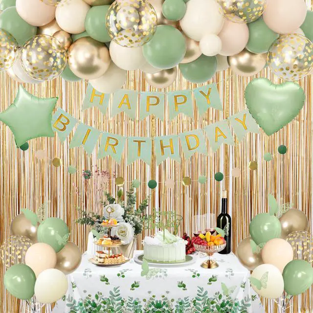 Alt view image 7 of 7 - Sage Green Birthday Decorations for Women | Nude Gold Foil Balloons Table Cloth Sash Crown Fringe Curtain Happy Birthday Banner Butterfly Cake Topper Party Supplies