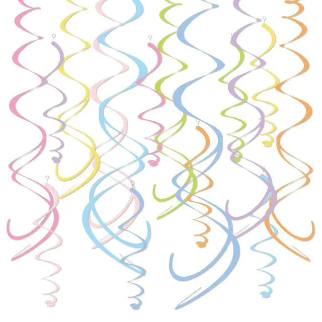 Main image of Pastel Party Decorations, 48 Pc Whimsical Paper Swirl Streamers | Soft Rainbow Hanging Swirls with Hooks for Birthday, Spring, Bridal, Baby Shower, Gender Reveal, Wedding & Princess Parties