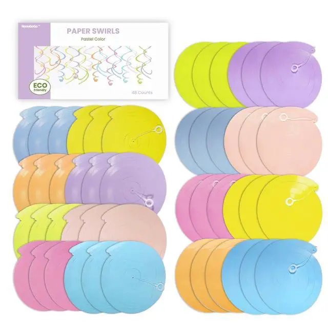 Alt view image 3 of 7 - Pastel Party Decorations, 48 Pc Whimsical Paper Swirl Streamers | Soft Rainbow Hanging Swirls with Hooks for Birthday, Spring, Bridal, Baby Shower, Gender Reveal, Wedding & Princess Parties
