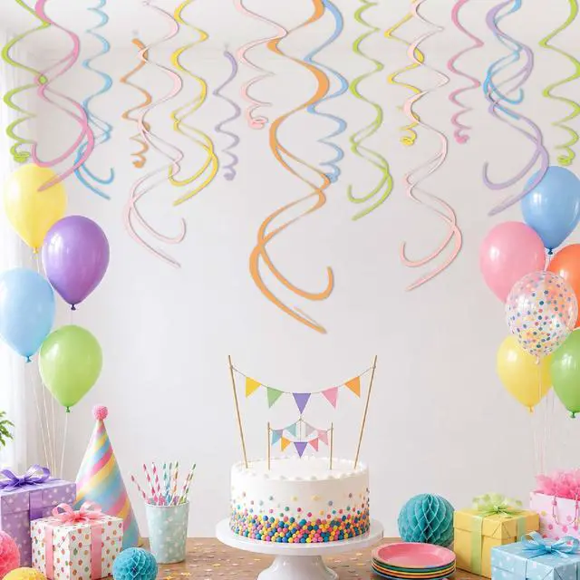 Alt view image 2 of 7 - Pastel Party Decorations, 48 Pc Whimsical Paper Swirl Streamers | Soft Rainbow Hanging Swirls with Hooks for Birthday, Spring, Bridal, Baby Shower, Gender Reveal, Wedding & Princess Parties