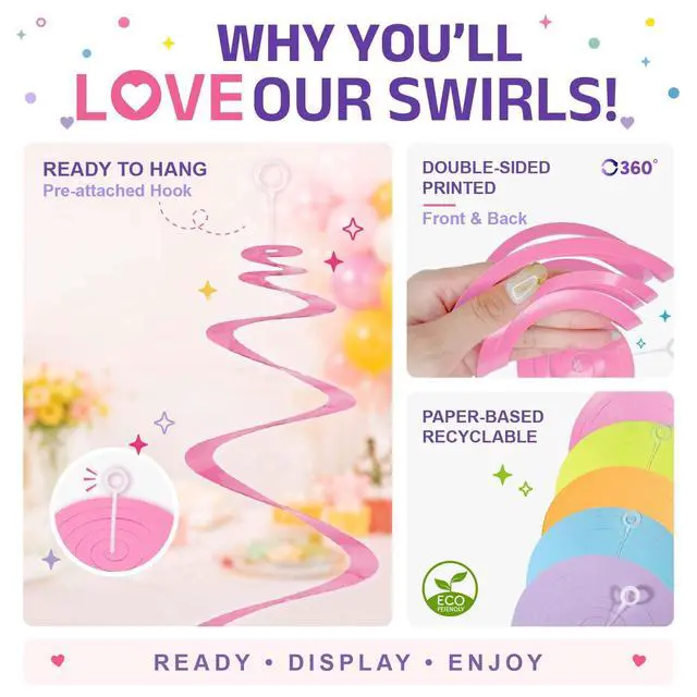Alt view image 4 of 7 - Pastel Party Decorations, 48 Pc Whimsical Paper Swirl Streamers | Soft Rainbow Hanging Swirls with Hooks for Birthday, Spring, Bridal, Baby Shower, Gender Reveal, Wedding & Princess Parties