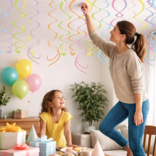 Alt view image 7 of 7 - Pastel Party Decorations, 48 Pc Whimsical Paper Swirl Streamers | Soft Rainbow Hanging Swirls with Hooks for Birthday, Spring, Bridal, Baby Shower, Gender Reveal, Wedding & Princess Parties