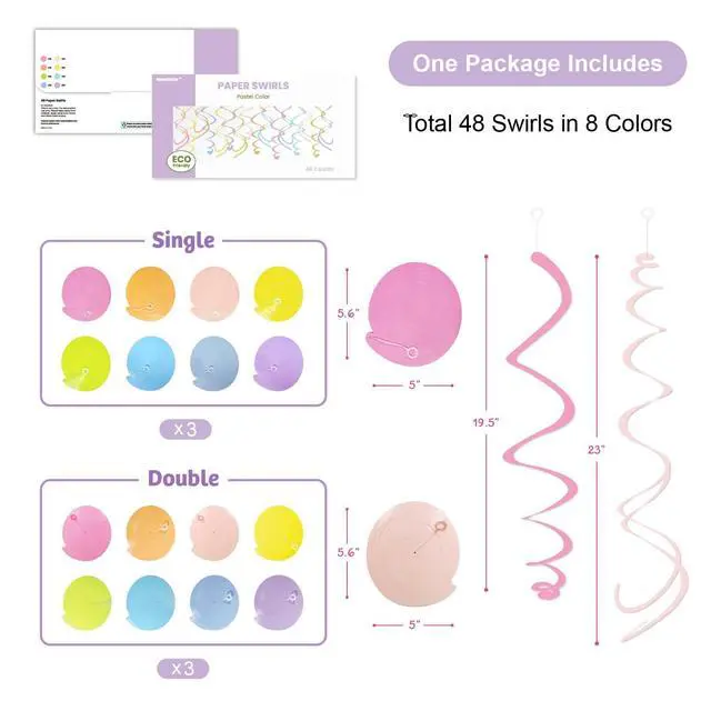 Alt view image 5 of 7 - Pastel Party Decorations, 48 Pc Whimsical Paper Swirl Streamers | Soft Rainbow Hanging Swirls with Hooks for Birthday, Spring, Bridal, Baby Shower, Gender Reveal, Wedding & Princess Parties