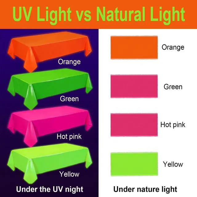 Alt view image 3 of 7 - 4 Pack Neon Tablecloths, Neon Party Decorations, Pink Orange Green Glow in The Dark Plastic Table Cover for Glow in the Dark Party Supplies, 54 x 108 Inch