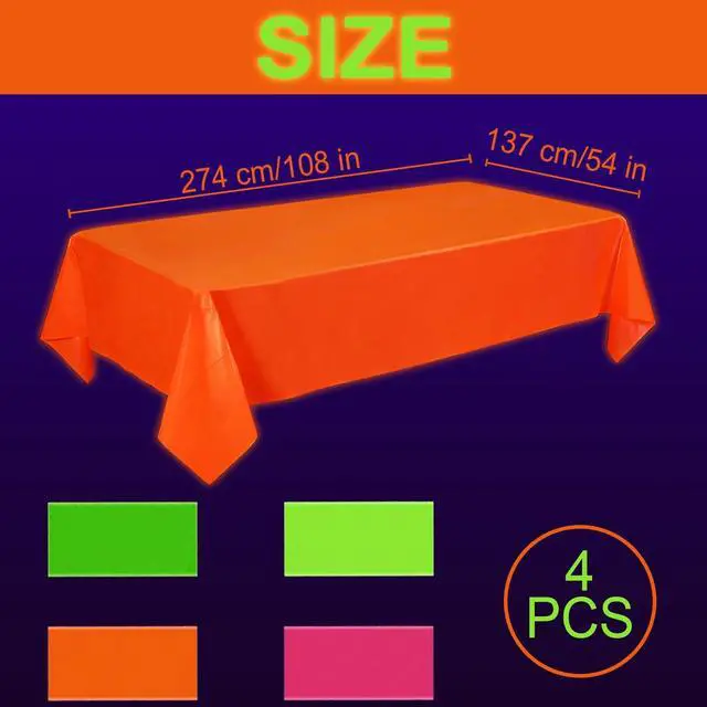 Alt view image 2 of 7 - 4 Pack Neon Tablecloths, Neon Party Decorations, Pink Orange Green Glow in The Dark Plastic Table Cover for Glow in the Dark Party Supplies, 54 x 108 Inch
