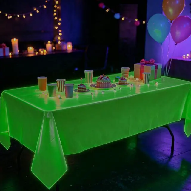 Alt view image 4 of 7 - 4 Pack Neon Tablecloths, Neon Party Decorations, Pink Orange Green Glow in The Dark Plastic Table Cover for Glow in the Dark Party Supplies, 54 x 108 Inch