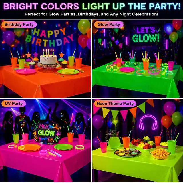 Alt view image 7 of 7 - 4 Pack Neon Tablecloths, Neon Party Decorations, Pink Orange Green Glow in The Dark Plastic Table Cover for Glow in the Dark Party Supplies, 54 x 108 Inch