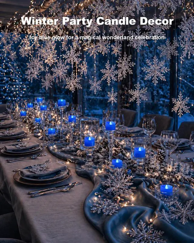 Alt view image 7 of 7 - 24-Pack Blue Flameless Battery Tea Light Candles, 200+ Hours | Flickering LED Tealights for Navy Blue Wedding Centerpieces, Romantic Nights, Memorial Tables, Baby Showers and Winter Decor