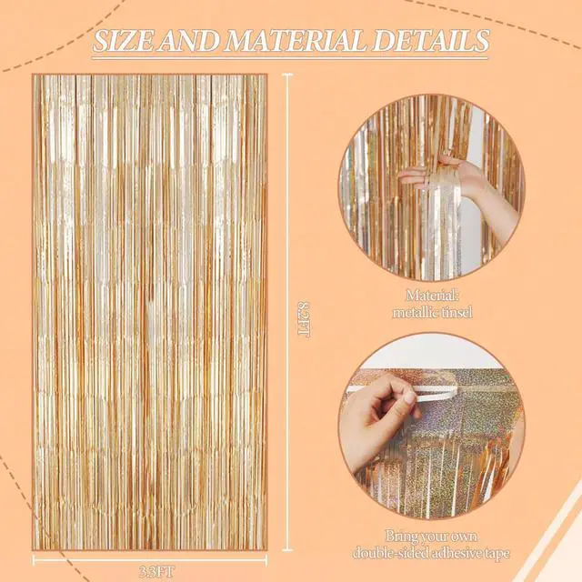 Alt view image 3 of 6 - 3 Pack Foil Fringe Backdrop - Laser Champagne Shiny Tinsel Curtains for Party Decoration/Photo Booth Props - 3.3x8.2 FT Metallic Foil Backdrop for Birthday, Wedding, Graduation, Christmas.