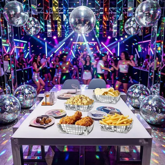 Alt view image 2 of 6 - 24 Pcs Silver Food Trays for Disco Party Decorations | 2 lb Disposable Paer Plates for Disco Ball Party Decorations, 70s 80s 90s Theme, Easy to Fold