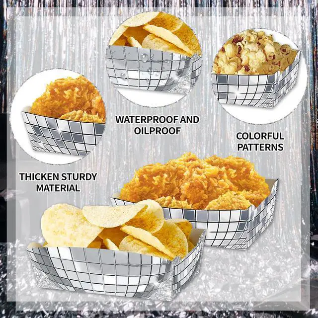 Alt view image 5 of 6 - 24 Pcs Silver Food Trays for Disco Party Decorations | 2 lb Disposable Paer Plates for Disco Ball Party Decorations, 70s 80s 90s Theme, Easy to Fold