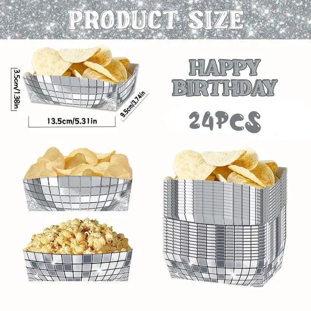 Alt view image 4 of 6 - 24 Pcs Silver Food Trays for Disco Party Decorations | 2 lb Disposable Paer Plates for Disco Ball Party Decorations, 70s 80s 90s Theme, Easy to Fold
