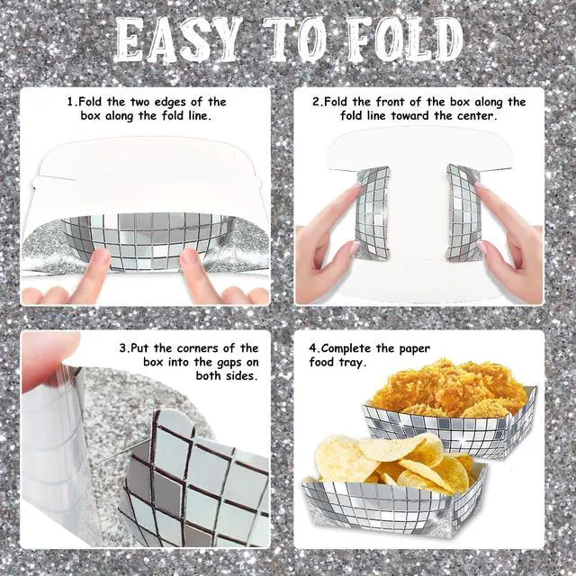 Alt view image 6 of 6 - 24 Pcs Silver Food Trays for Disco Party Decorations | 2 lb Disposable Paer Plates for Disco Ball Party Decorations, 70s 80s 90s Theme, Easy to Fold