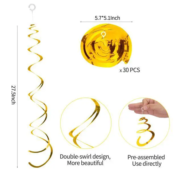 Alt view image 2 of 7 - 30 Pieces Gold Hanging Swirl Decorations | Plastic Streamer Party Swirl Spiral Decorations for Ceiling, Wedding Baby Shower Birthday Party Supply